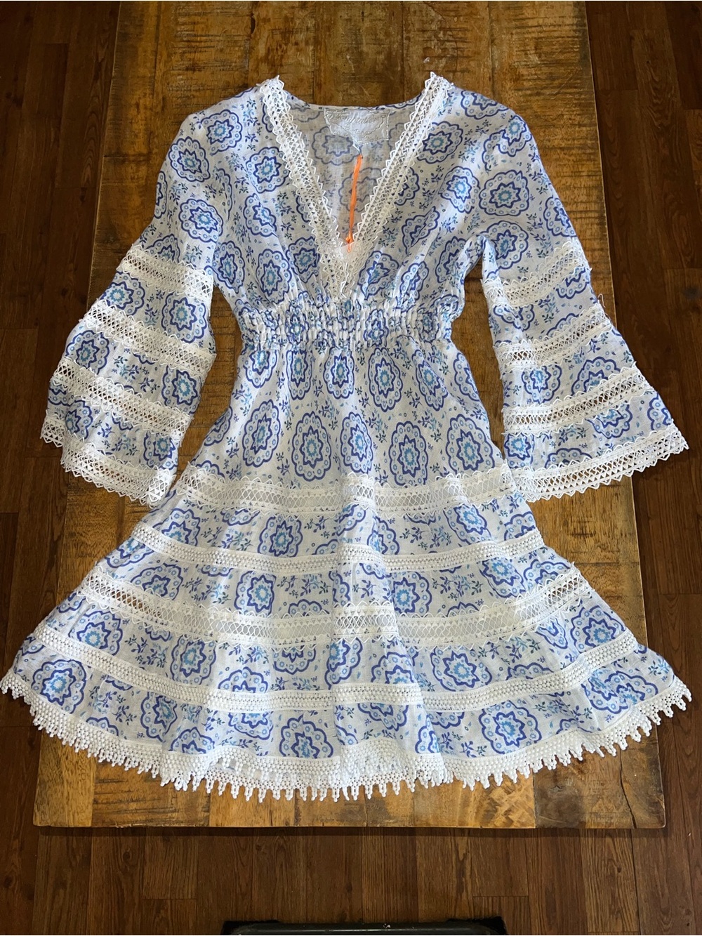 Temptation Positano Blue & White Linen Shirt Bell Sleeve Dress Size Small